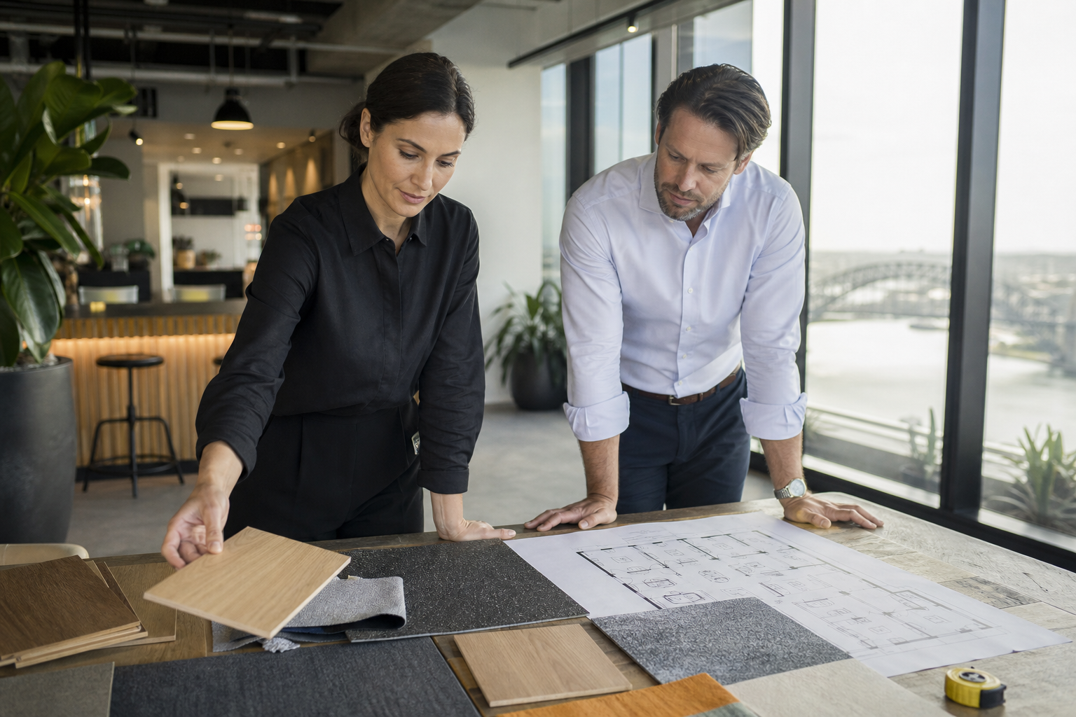 Office fitout design workshop comparing finishes and floor plan details in a Sydney commercial workplace