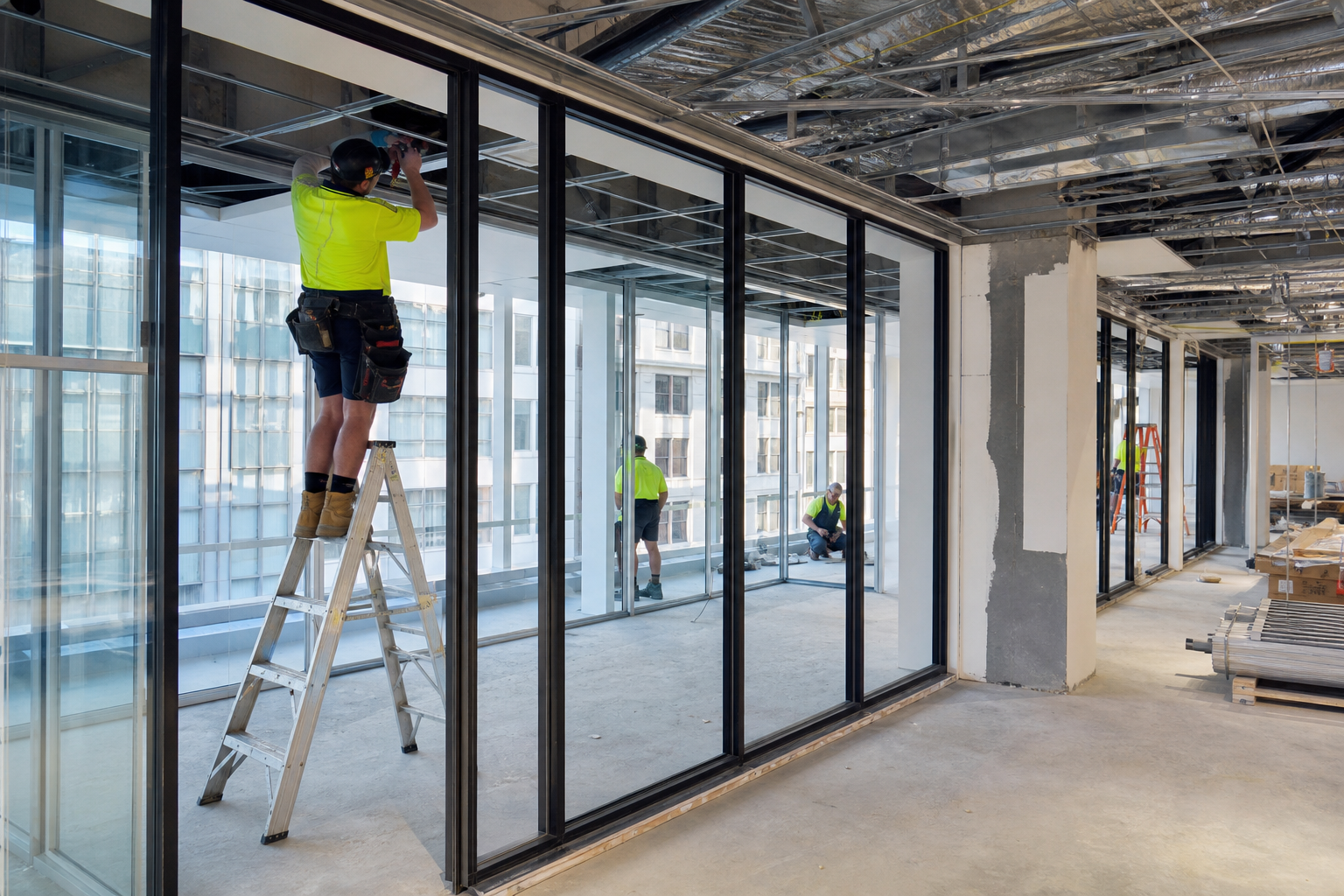 Commercial office fitout construction in Sydney with trades installing partitions