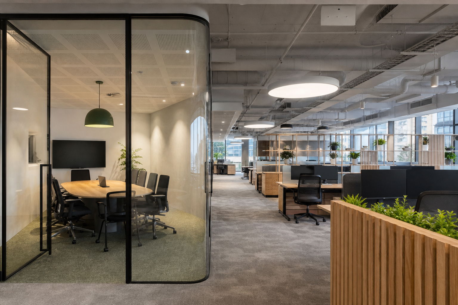 Completed modern Sydney office with meeting room and collaborative workspace