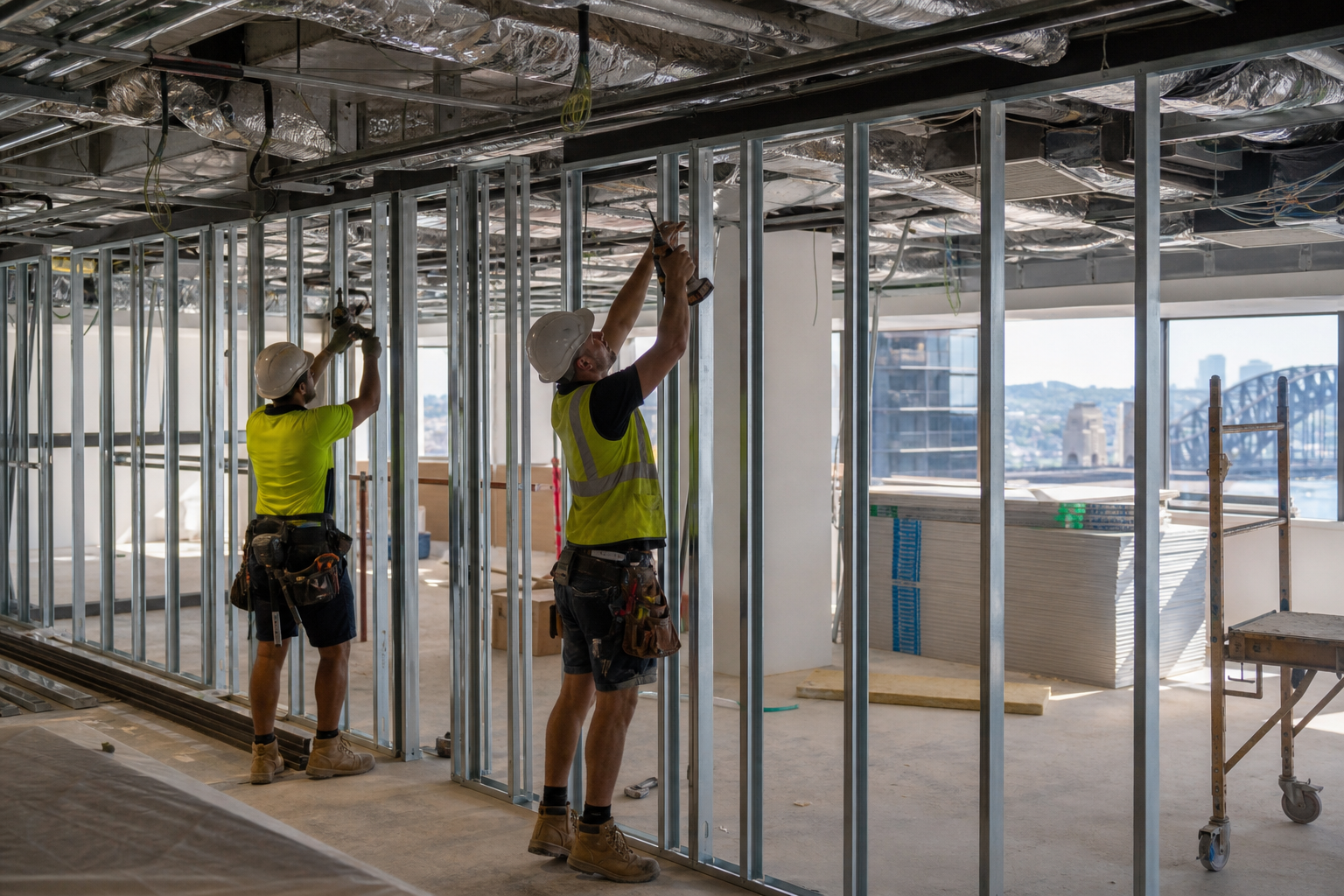 Tradespeople installing office partitions during a Sydney commercial fitout