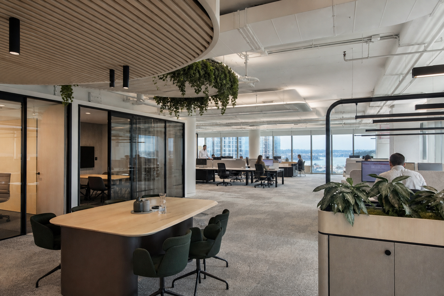 Completed Sydney office with glass meeting rooms and collaborative workspace