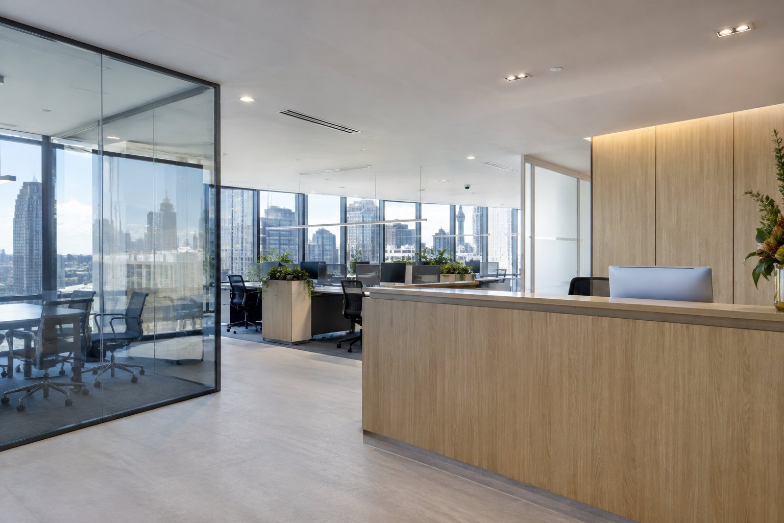 Small office fitout Sydney open-plan workspace with glass partitions and city views