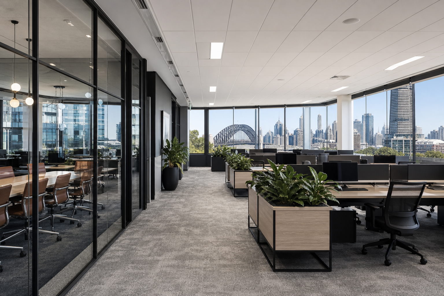 Modern Sydney corporate office fitout with glass partitions and skyline views after handover