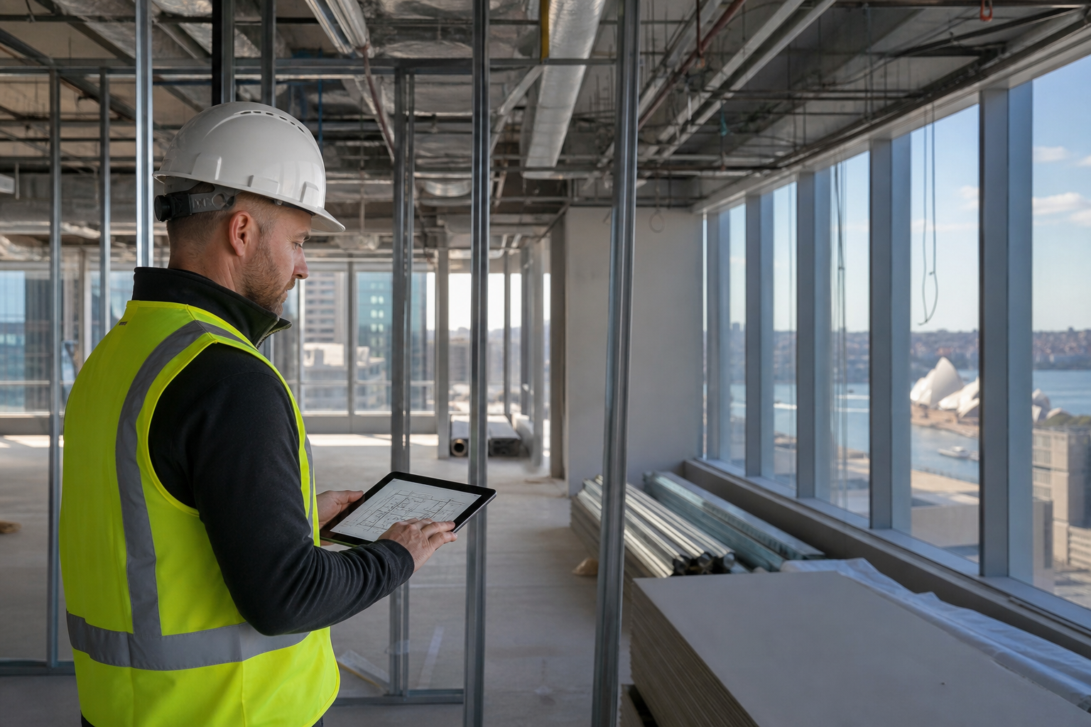 Site supervisor reviewing plans on tablet during a Sydney office fitout construction phase