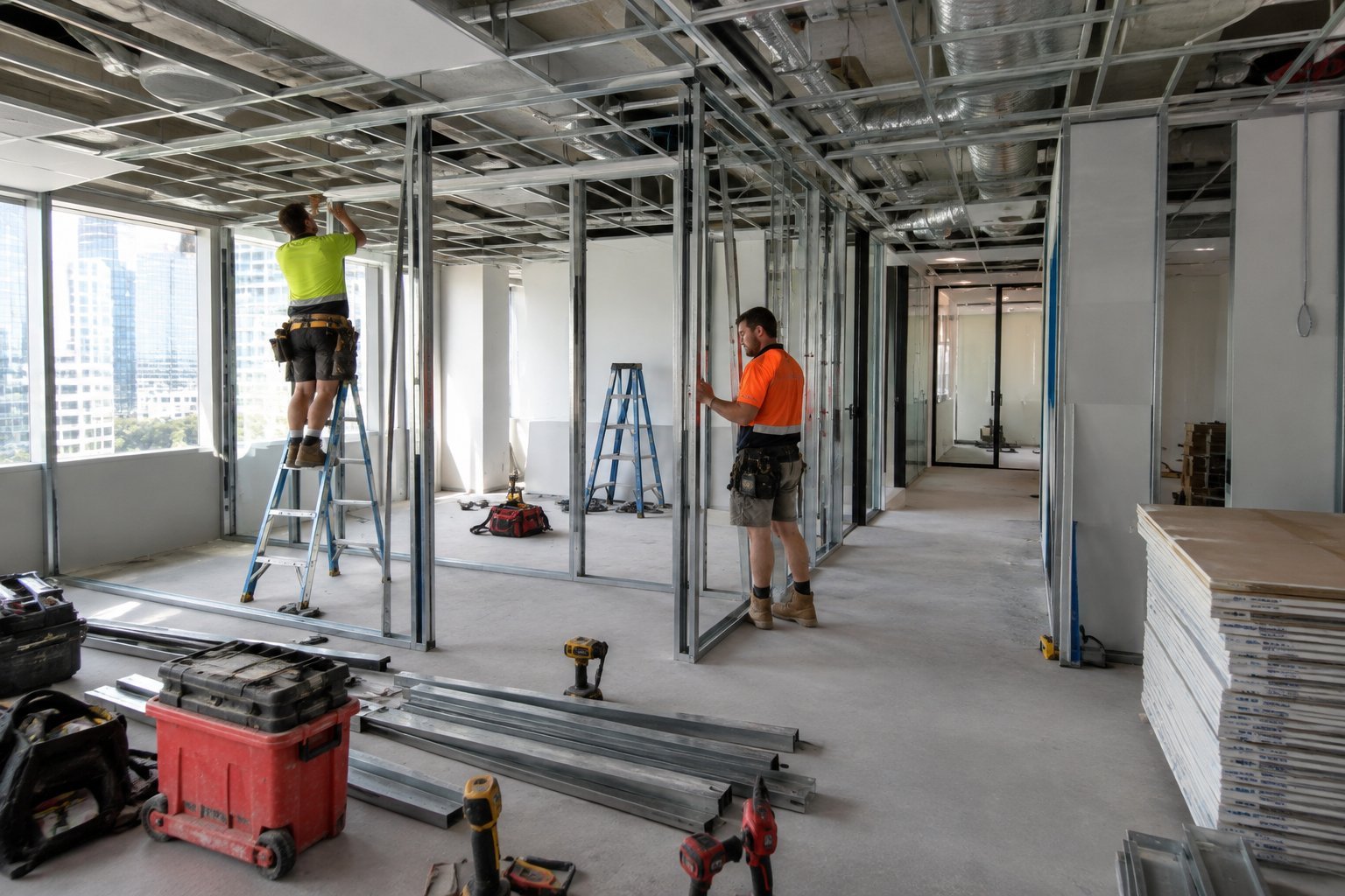 Small office fitout Sydney construction site with tradespeople installing partition framing