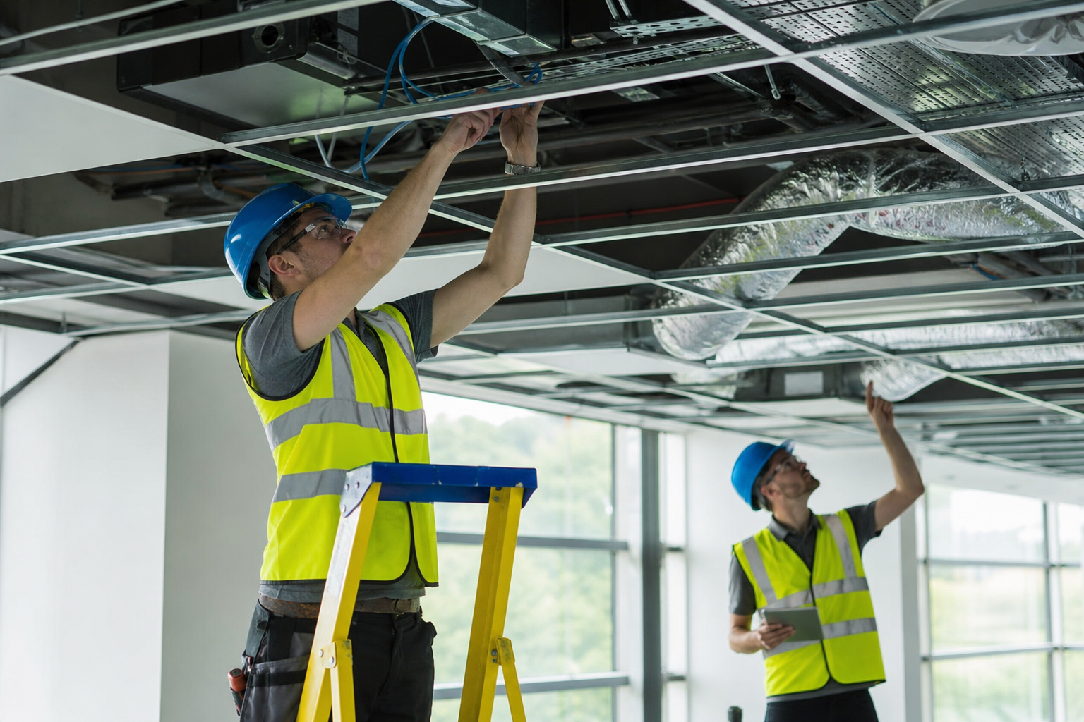 Electrician and mechanical technician coordinating data cabling and ductwork on an office fitout ceiling