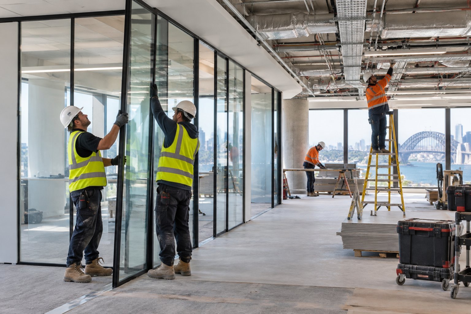 Corporate office fitout construction in progress, trades installing glazed partition safely