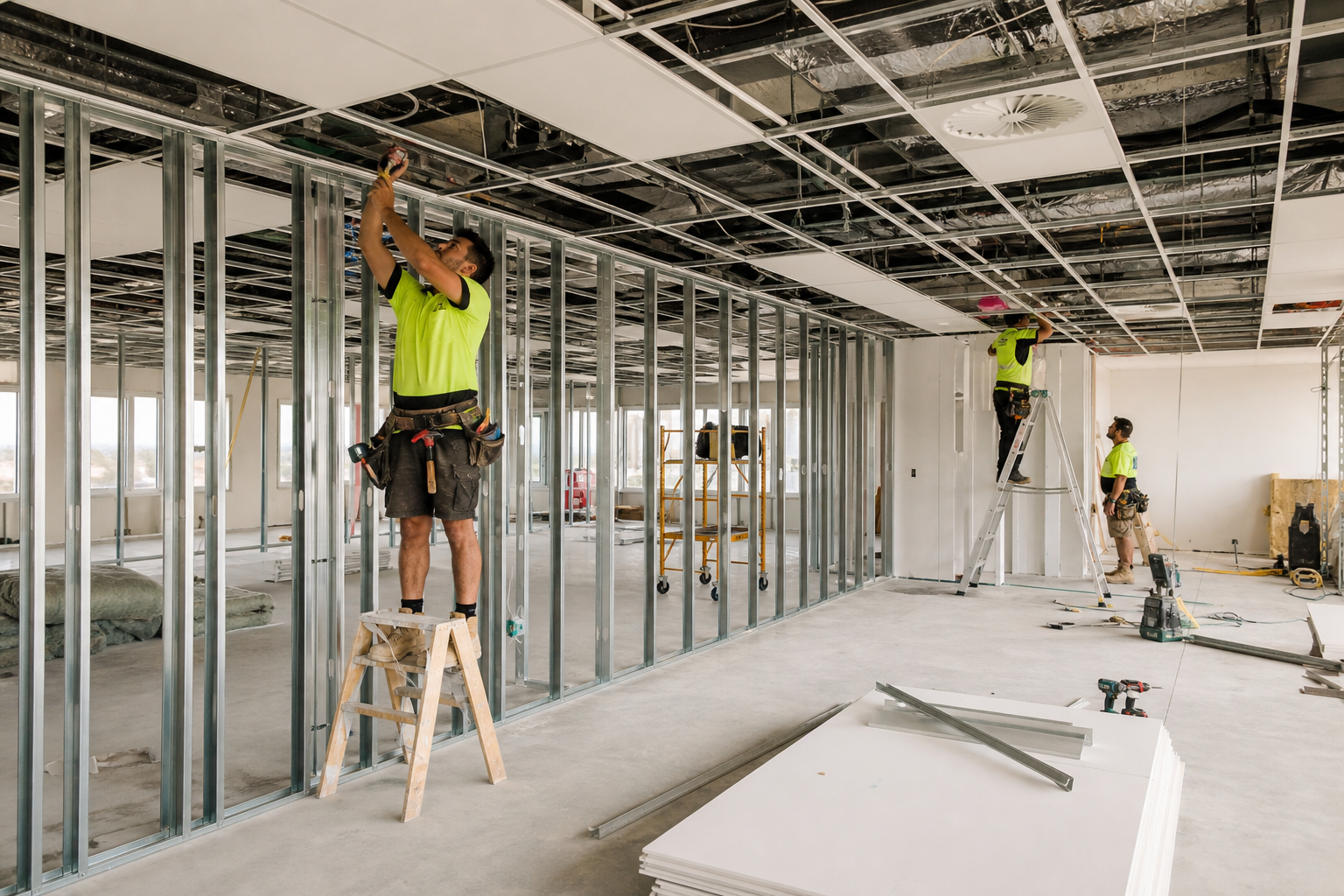 Tradespeople installing ceiling grid and partition framing during a Sydney office fitout construction stage