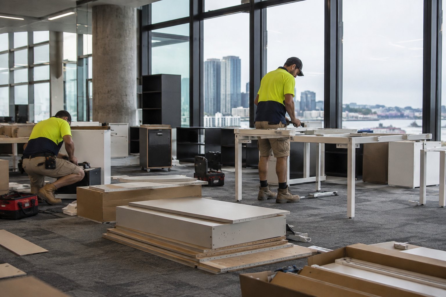 Tradespeople assembling flat-pack office desks during an office furniture fitout Sydney installation