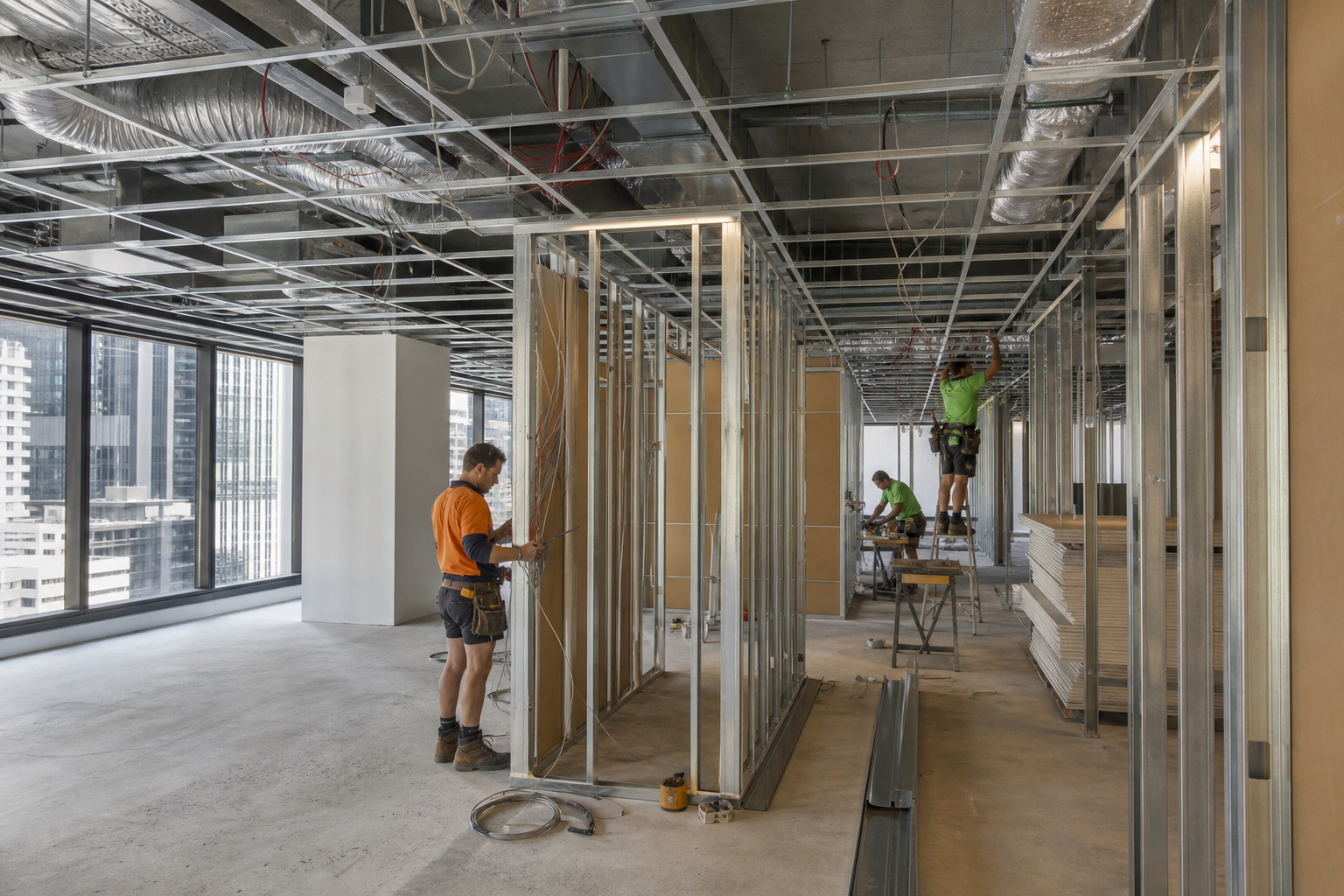 Complete office fitouts Sydney Category B construction with partition framing and services