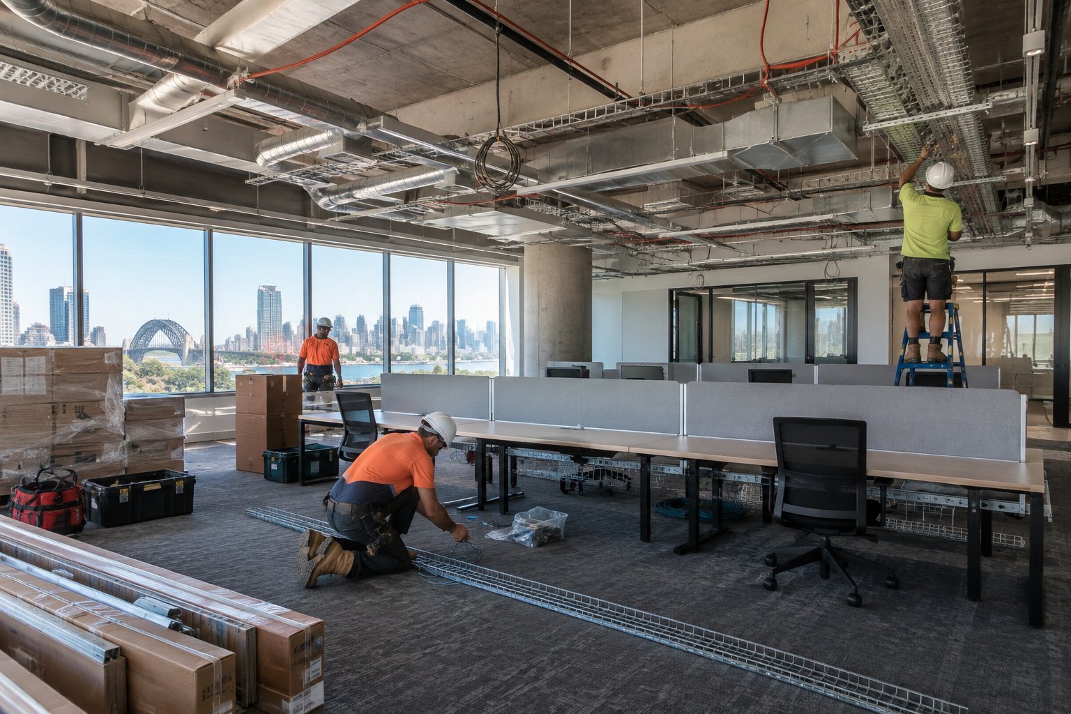 Tradespeople installing office workstations and cable trays during a Sydney office fitout