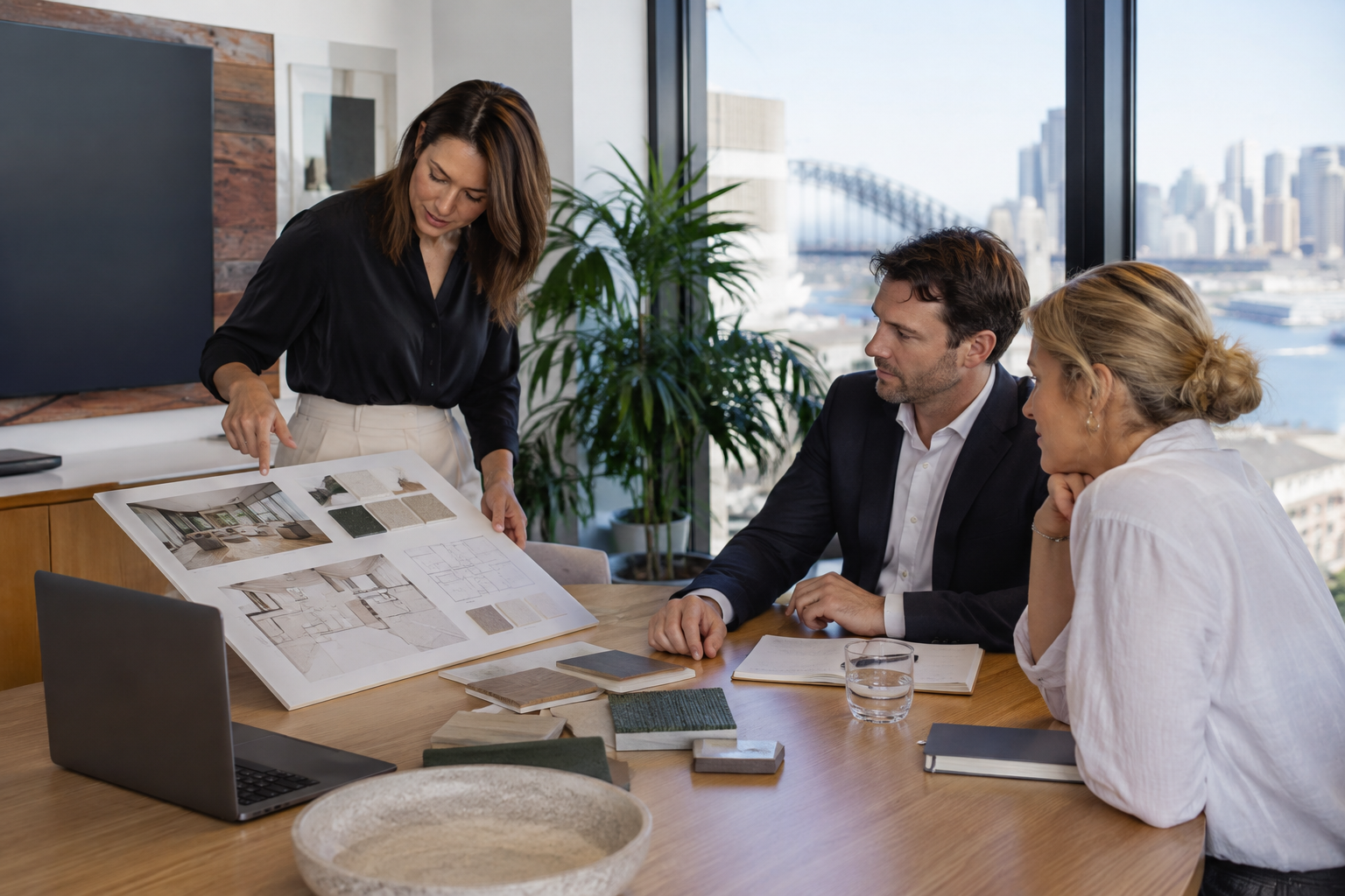Interior designer presenting concept board for office design and fitout Sydney project