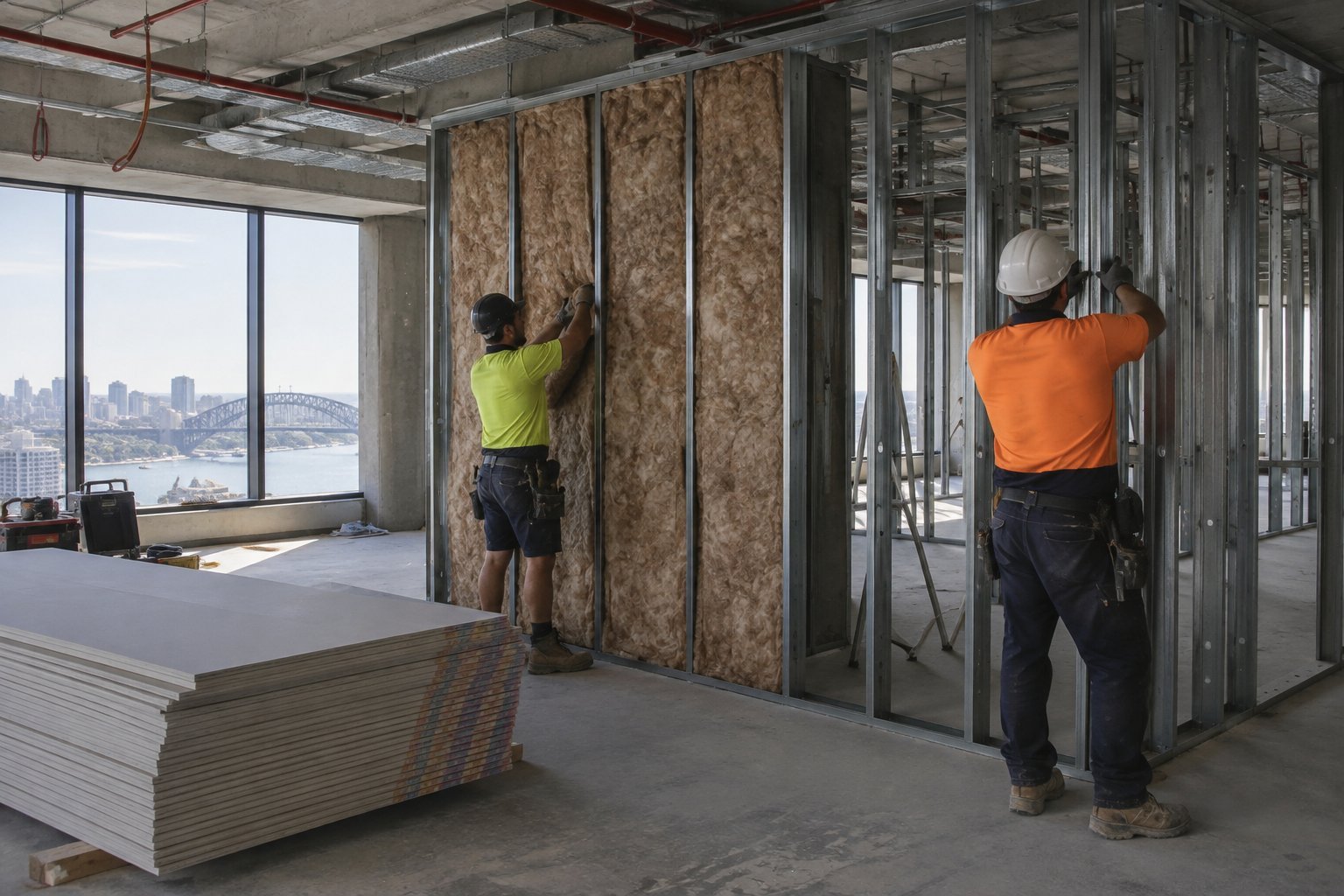 Tradespeople installing insulated steel stud office partitions in a Sydney fitout