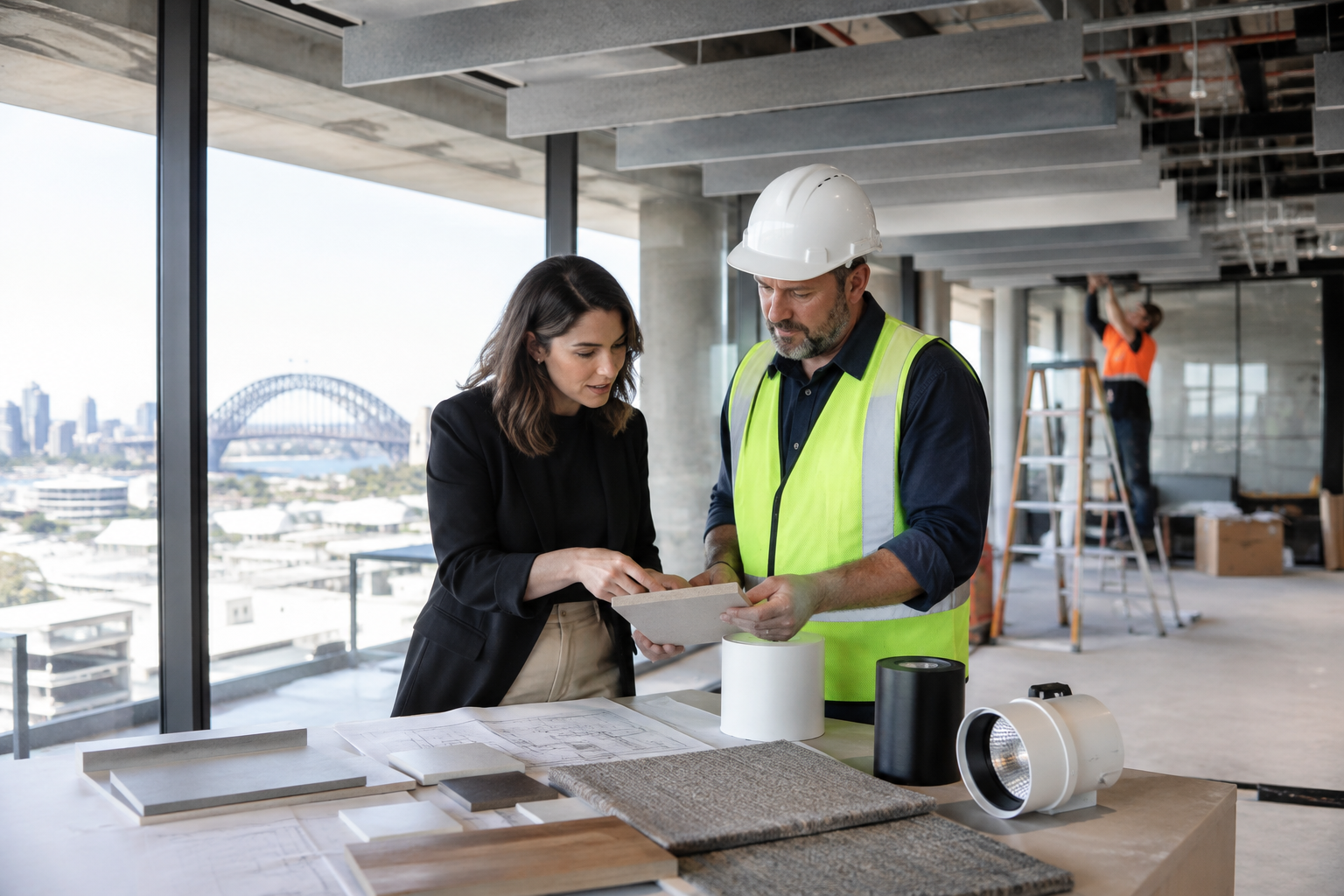Office interior designer and site foreman reviewing materials on a Sydney office fitout construction site