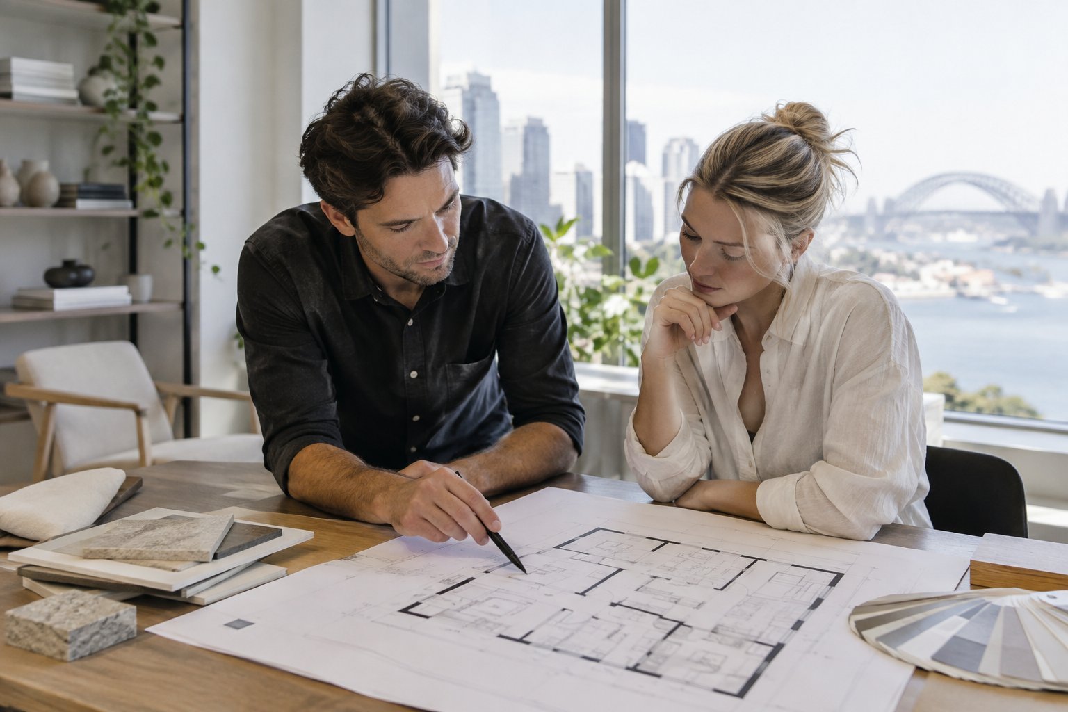 Office renovation Sydney planning session reviewing floor plans and material samples