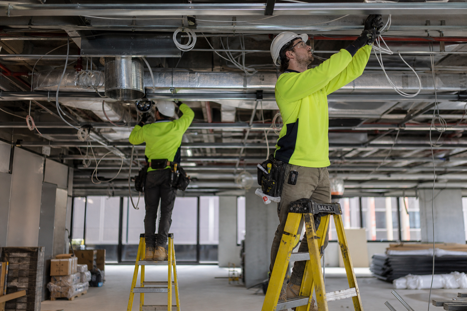 Tradespeople installing ceiling electrical and data services during an office fitout in Sydney