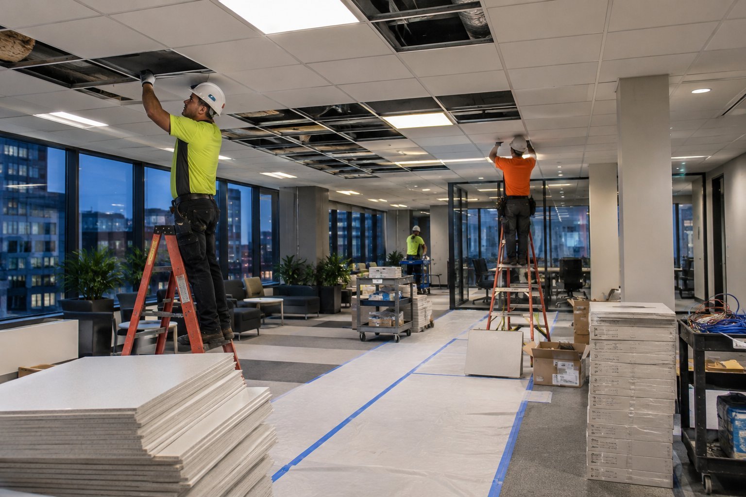 Tradespeople refurbishing an occupied Sydney office ceiling and lighting after hours