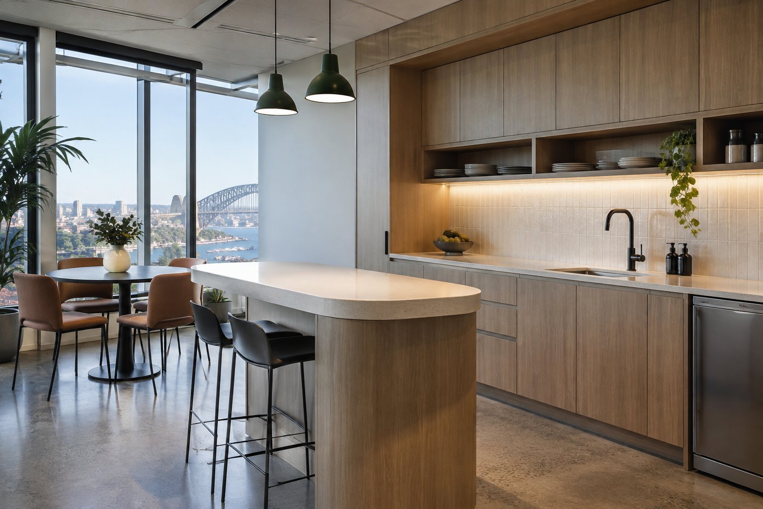Small office fitout Sydney kitchenette and breakout area with timber joinery