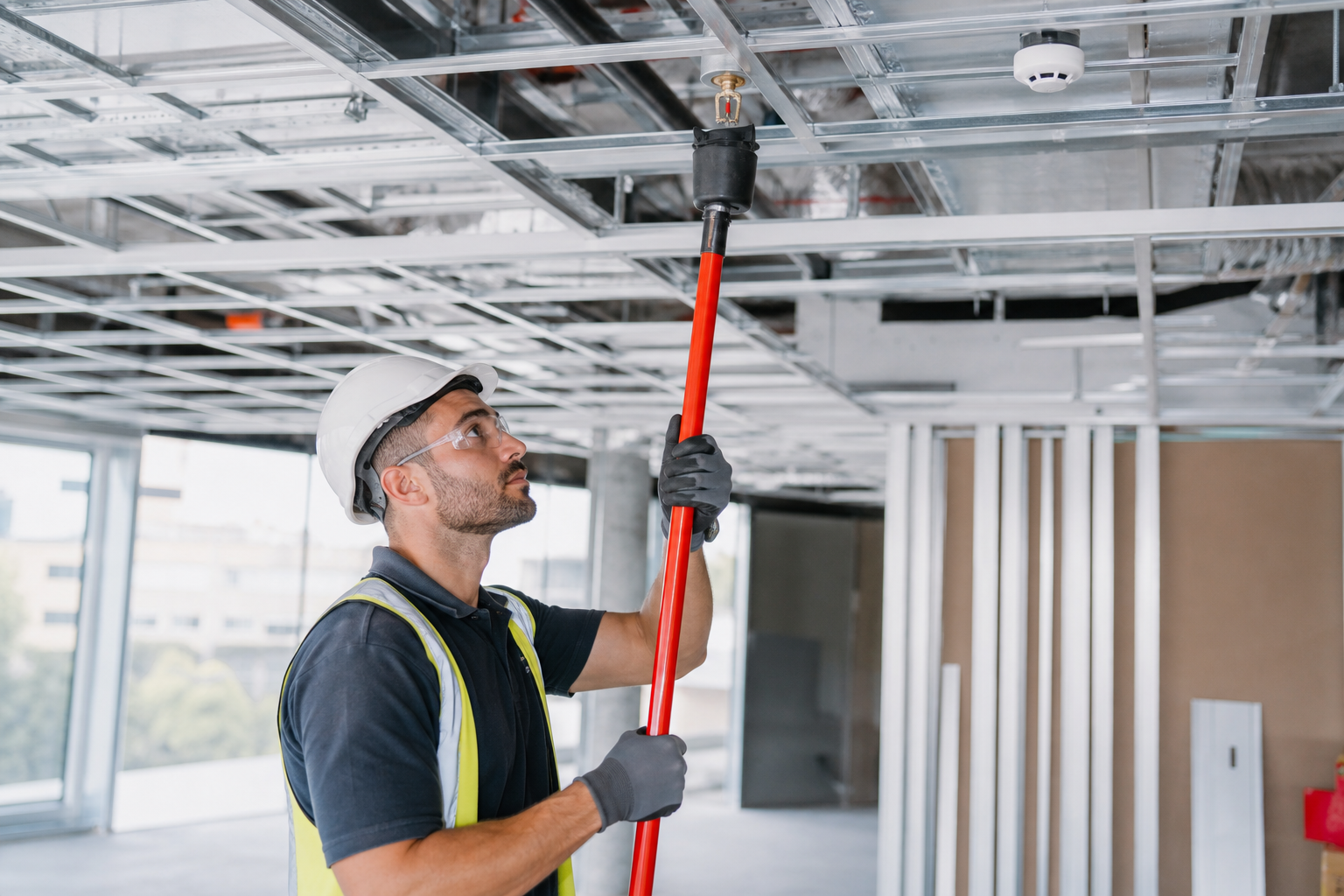 Fire safety technician testing a sprinkler head and smoke detector during an office fitout