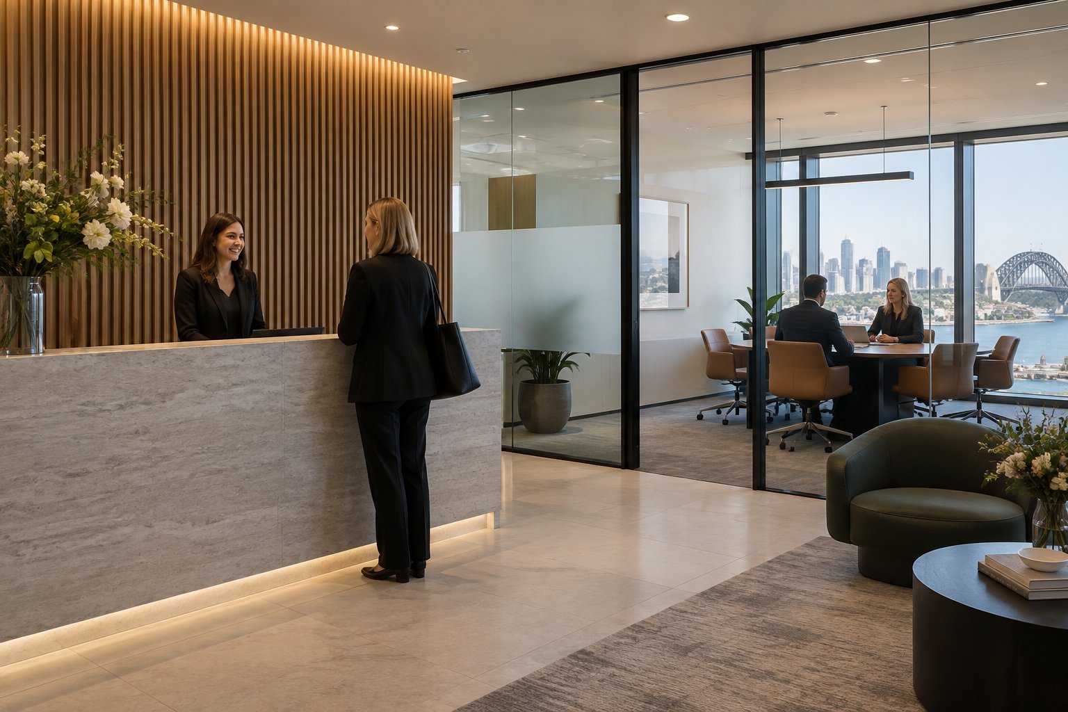 Completed corporate office fitout Sydney client meeting rooms and reception