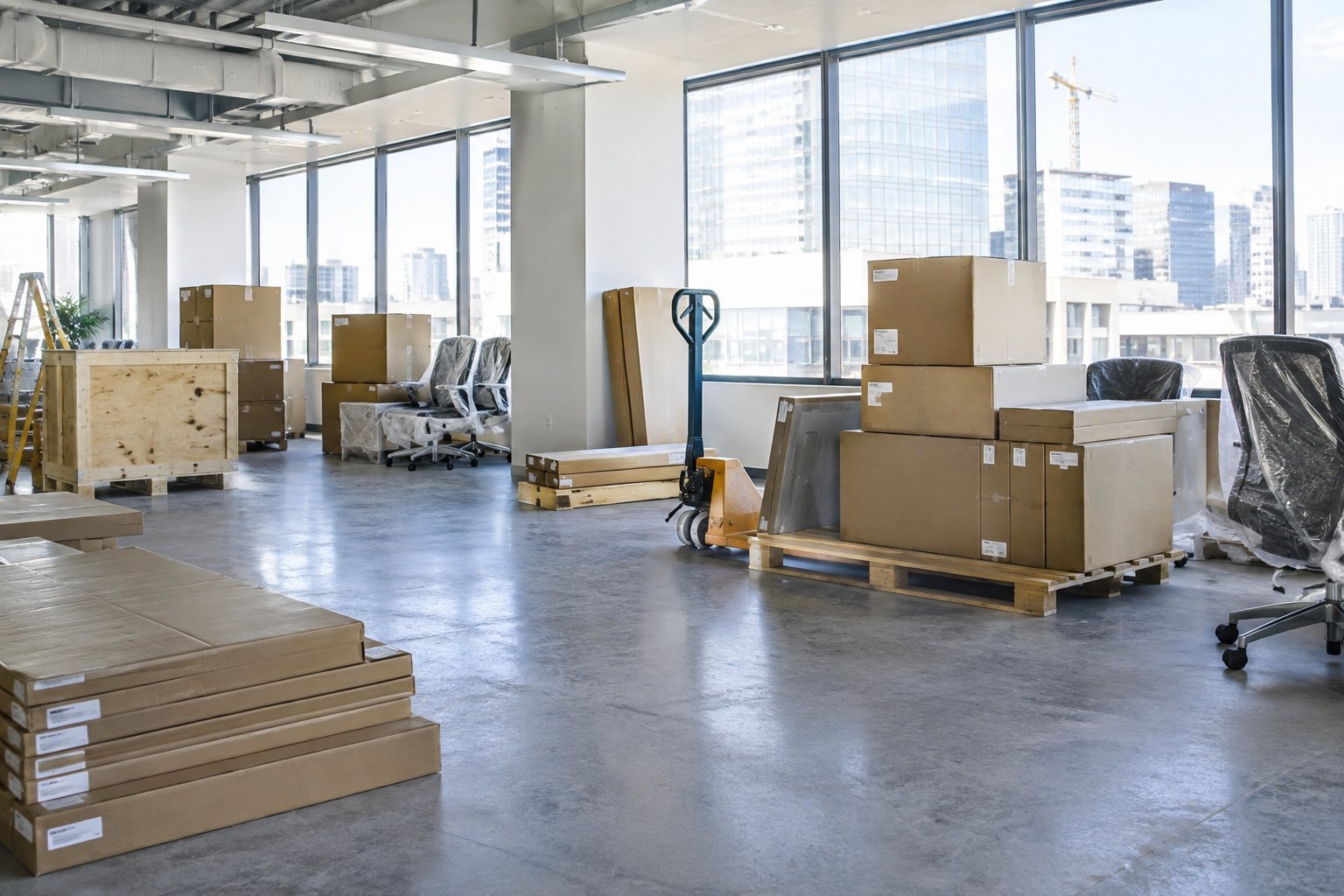 Flat-packed office furniture crates and boxes staged in an empty Sydney office ready for installation