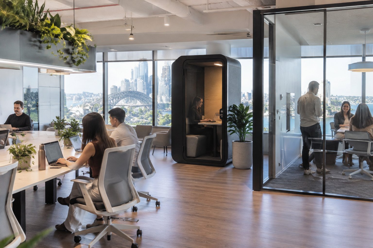 Activity-based working zone with hot-desk bench, focus pod and glass meeting room in a Sydney office