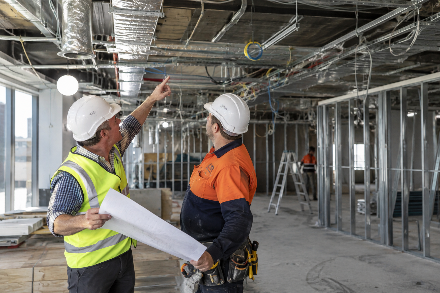 Site foreman and electrician discussing services rough-in during Sydney office fitout construction