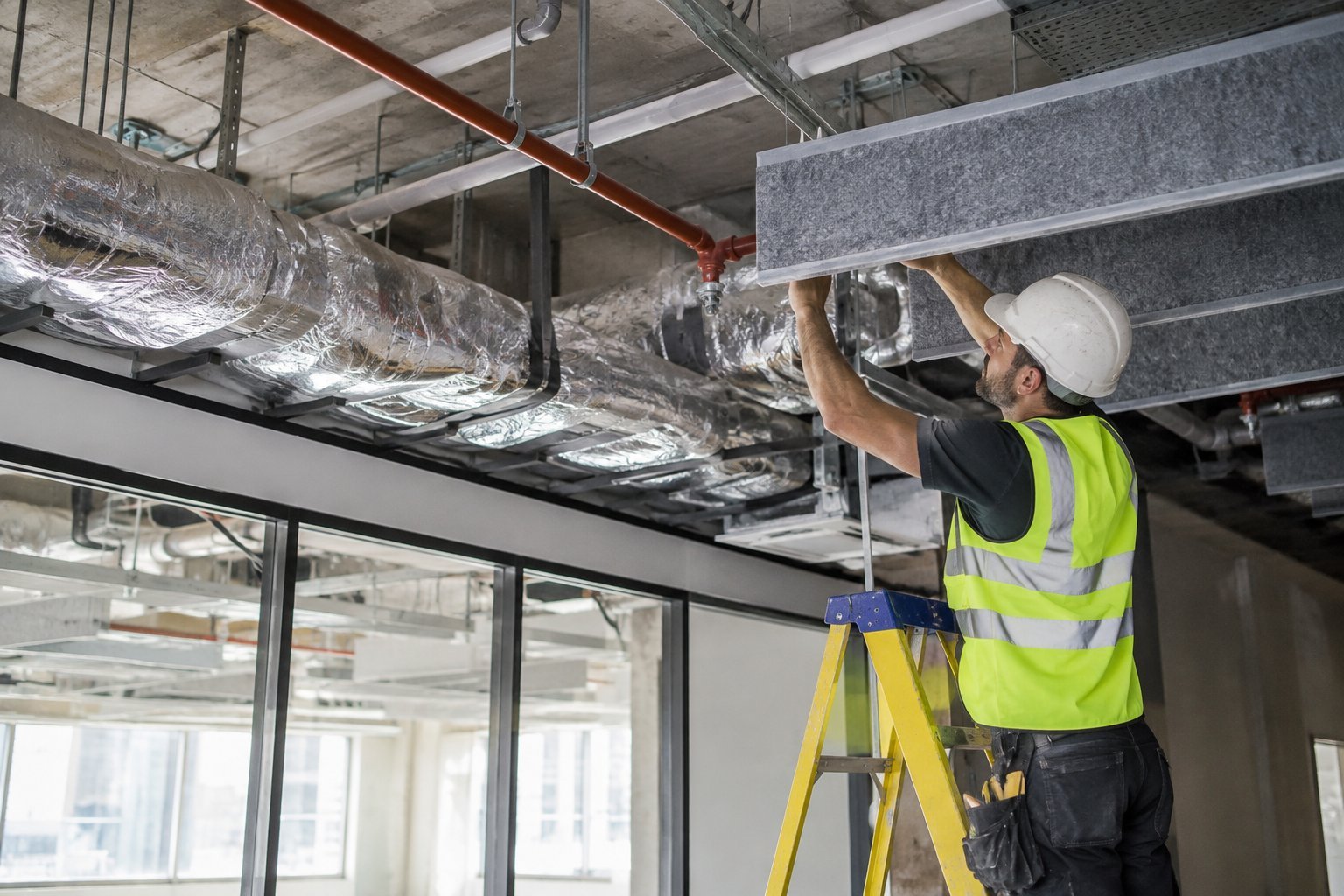 Acoustic treatment being fitted in the ceiling void above an office partition wall