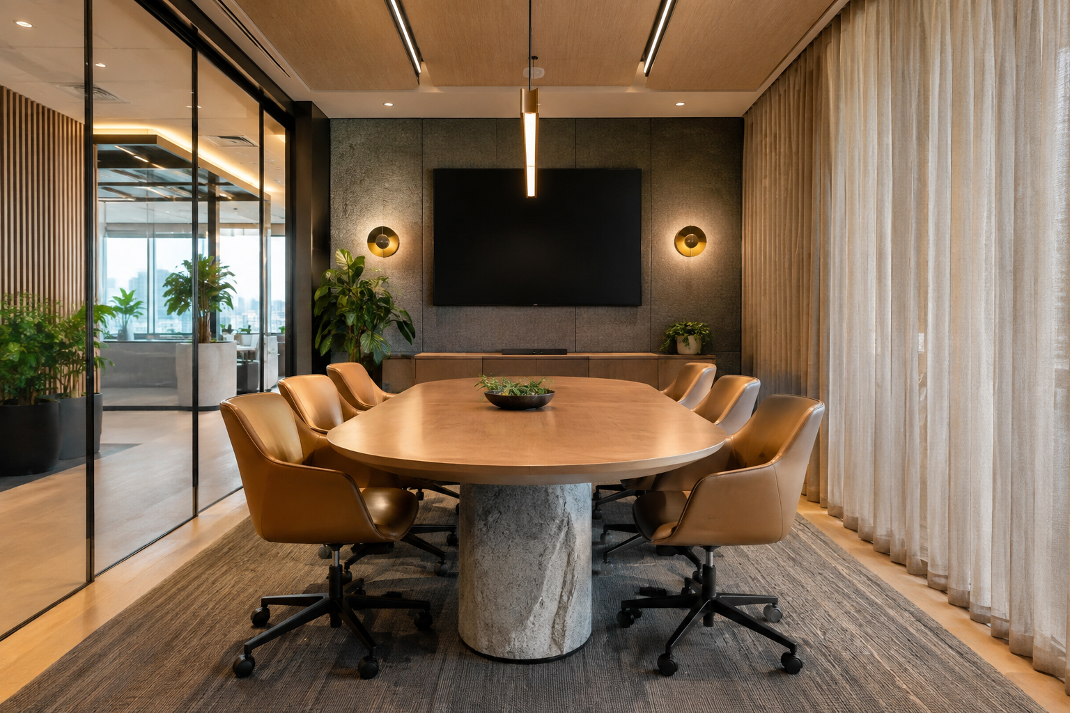 Completed office interior design Sydney boardroom with acoustic wall panels and timber finishes