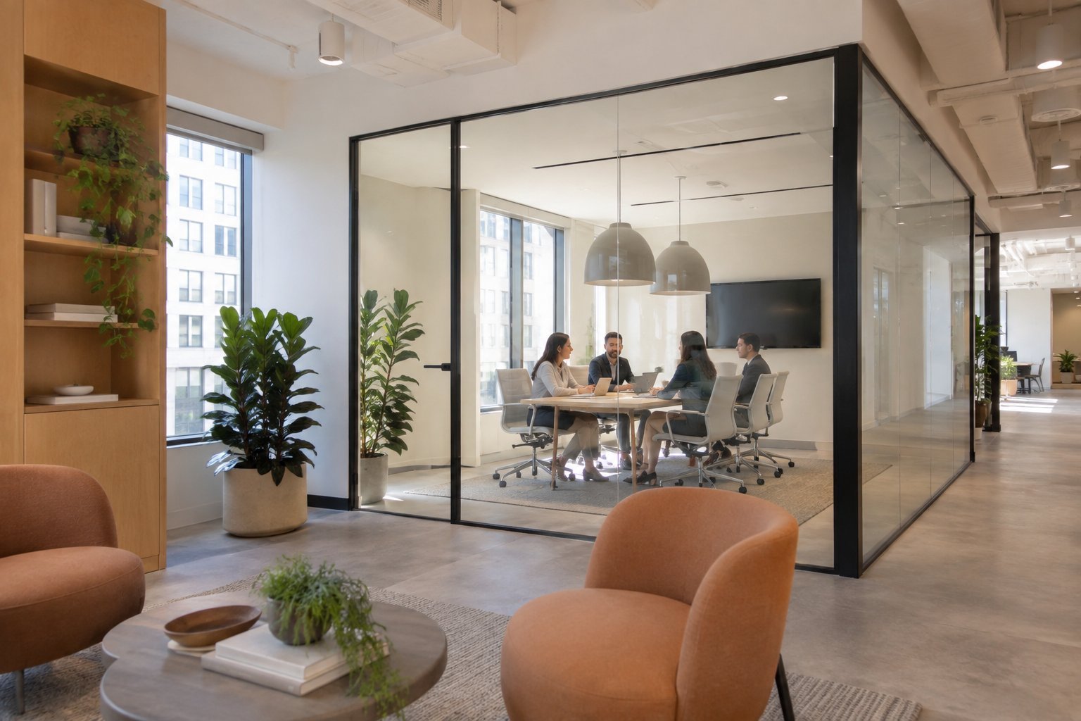Completed office renovation Sydney meeting room with glass partition and modern furniture