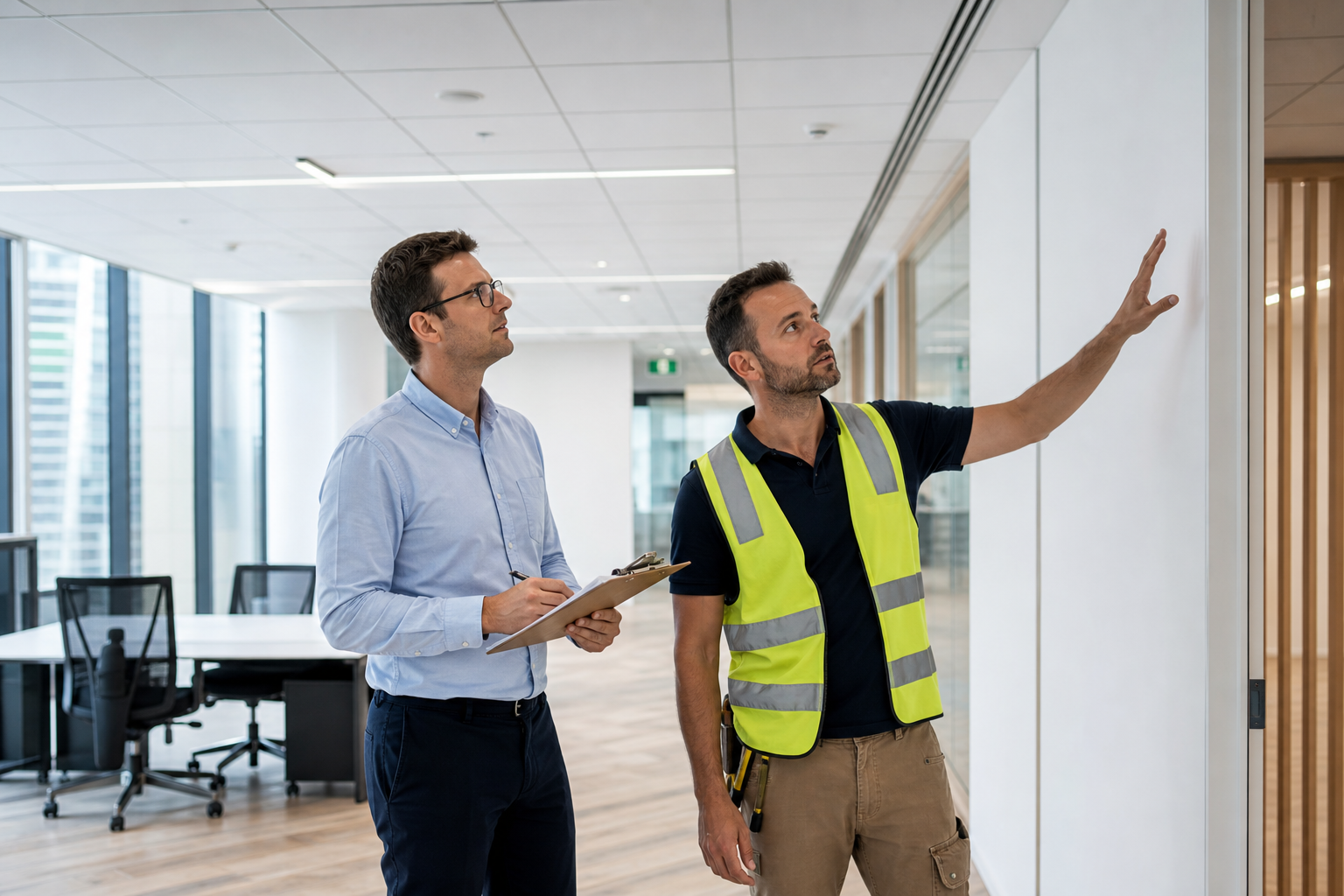 Project manager and tradesperson doing a quality inspection walkthrough on a Sydney office fitout