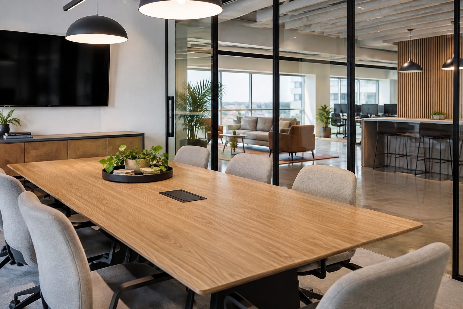 Completed office refurbishment meeting room with custom joinery and natural light