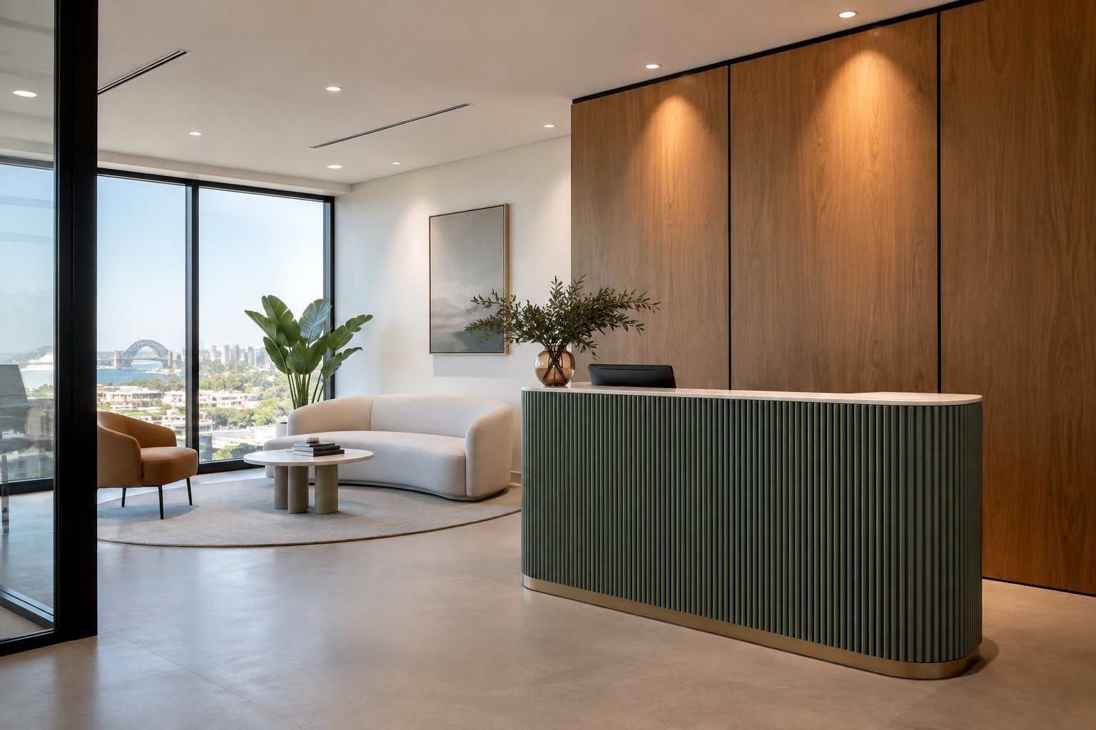 Small office fitout Sydney reception area with slim desk and feature wall