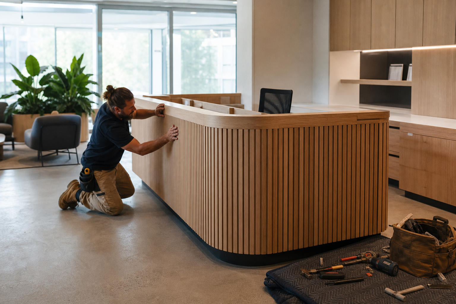 Cabinetmaker installing a custom timber reception desk in a Sydney office fitout