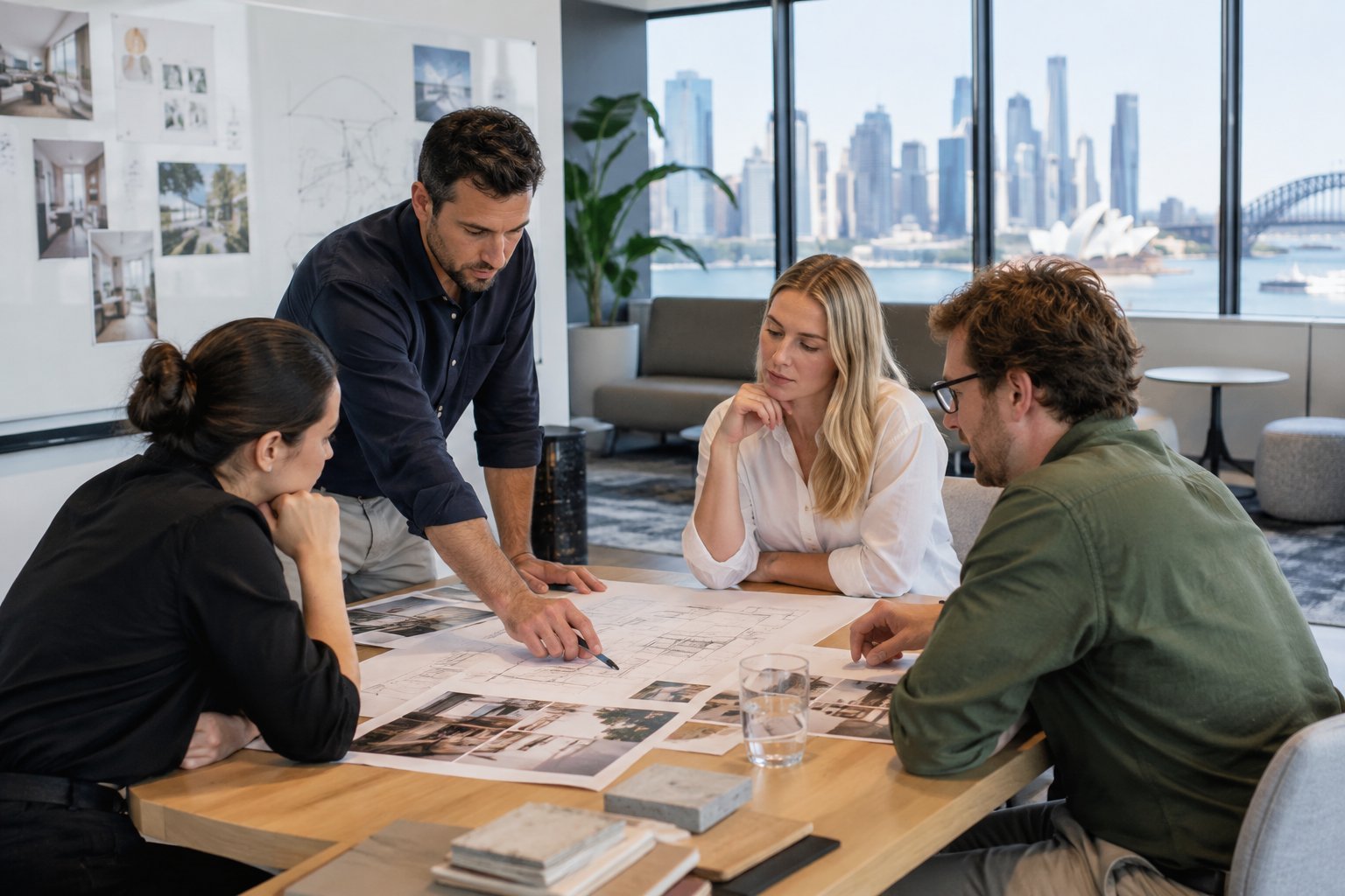 Corporate workplace collaboration zone with project team planning together