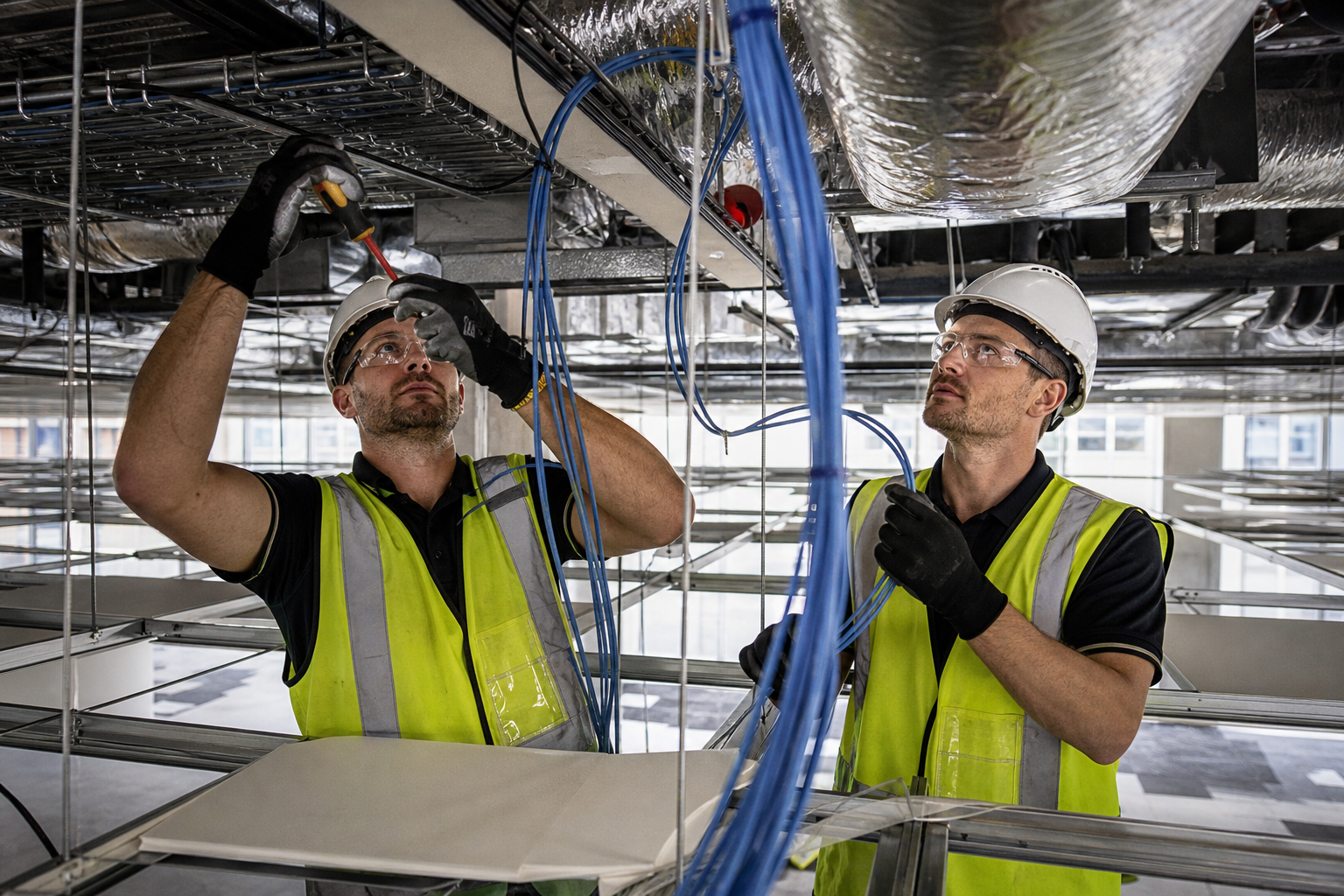Electricians running data cabling through an open ceiling void during an office fitout in Sydney