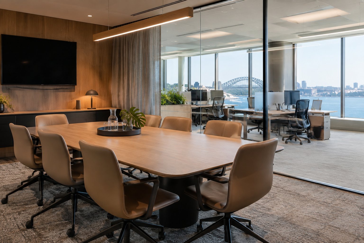 Completed Sydney office boardroom with timber table, ergonomic chairs and sit-stand desks visible beyond glass partition
