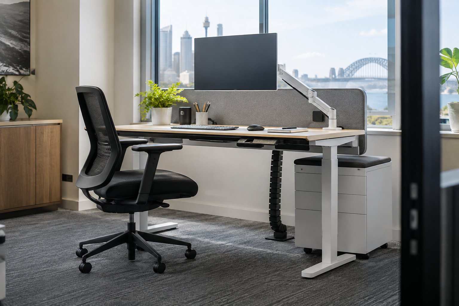 Ergonomic sit-stand office workstation with monitor arm and cable management in a Sydney office
