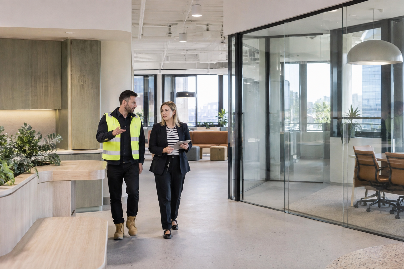 Builder and architect reviewing joinery quality on a near-complete Sydney office fitout