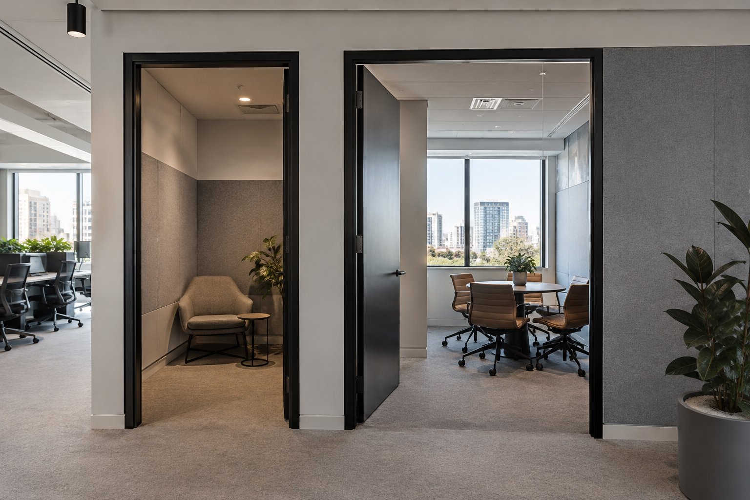 Completed acoustic focus room and meeting room with solid partitions and sealed doors
