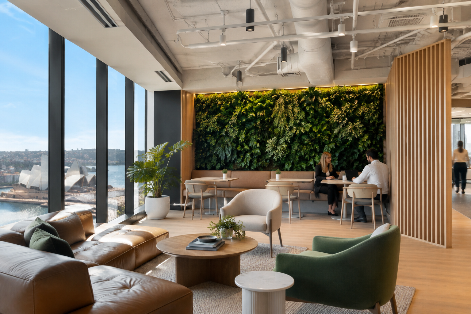 Office interior design Sydney breakout lounge with biophilic planting wall and natural daylight