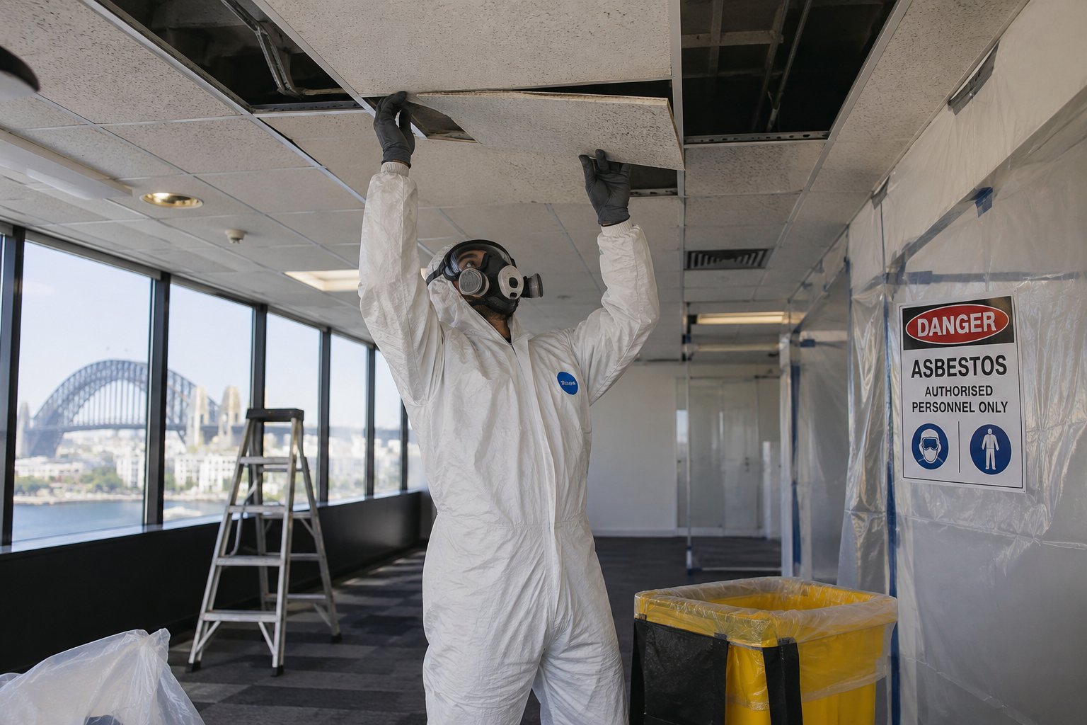Licensed technician removing ceiling tile during asbestos-safe office renovation Sydney works