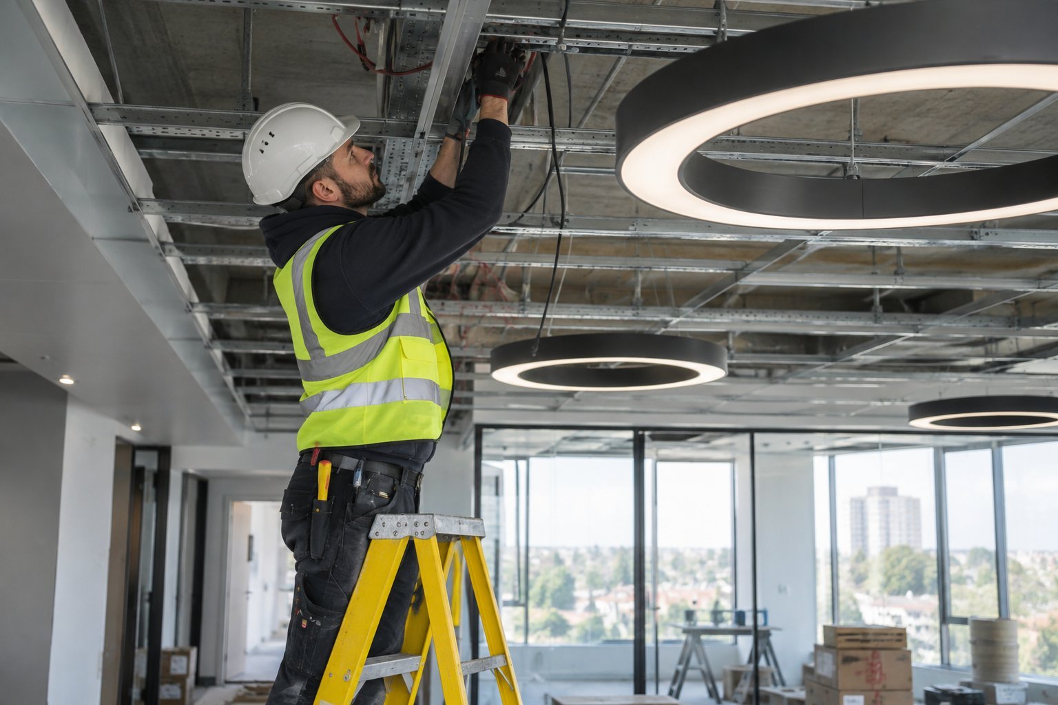 Electrician upgrading ceiling services during an office refurbishment in Sydney