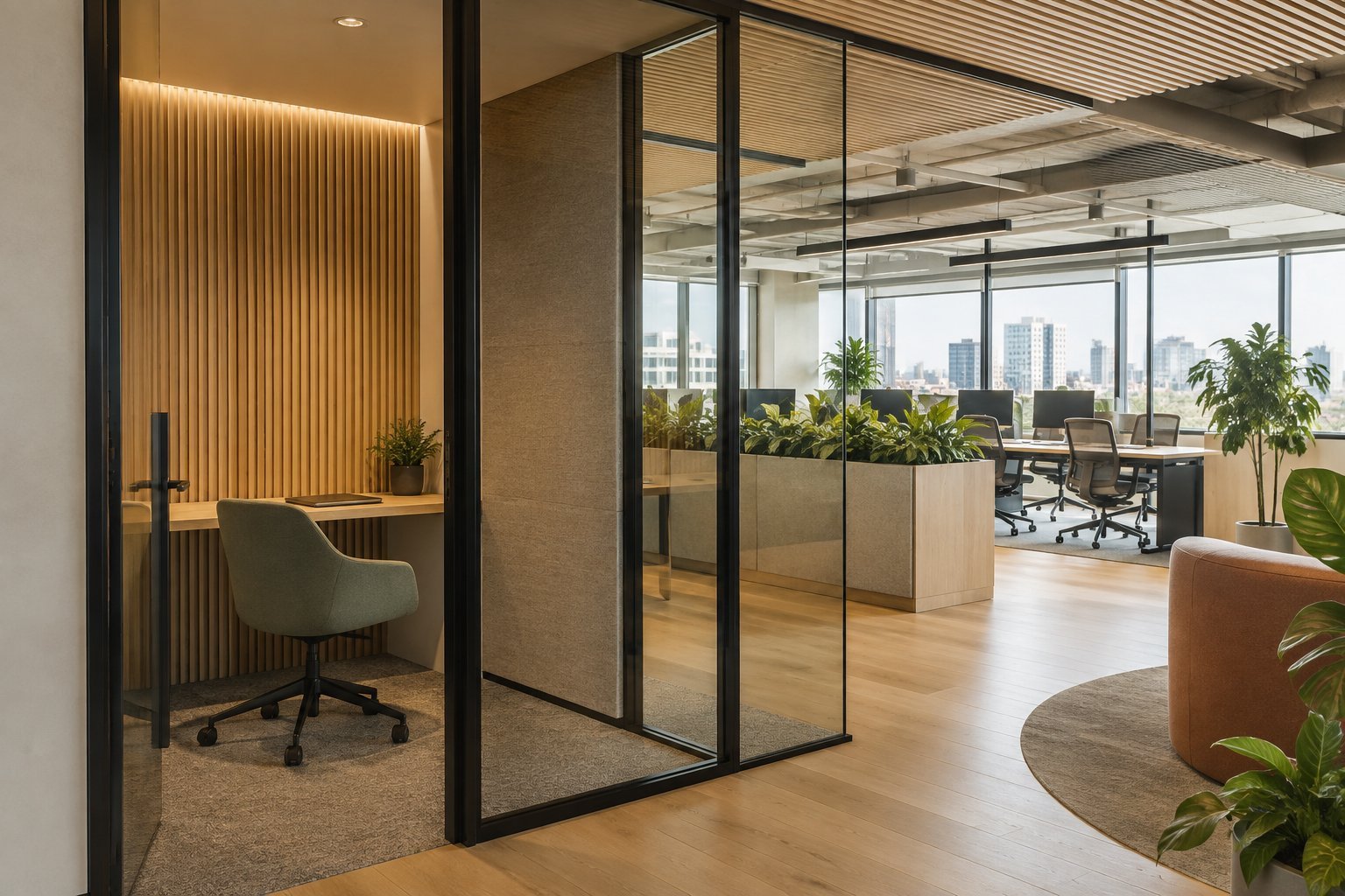 Corporate workplace acoustic focus room and open team area