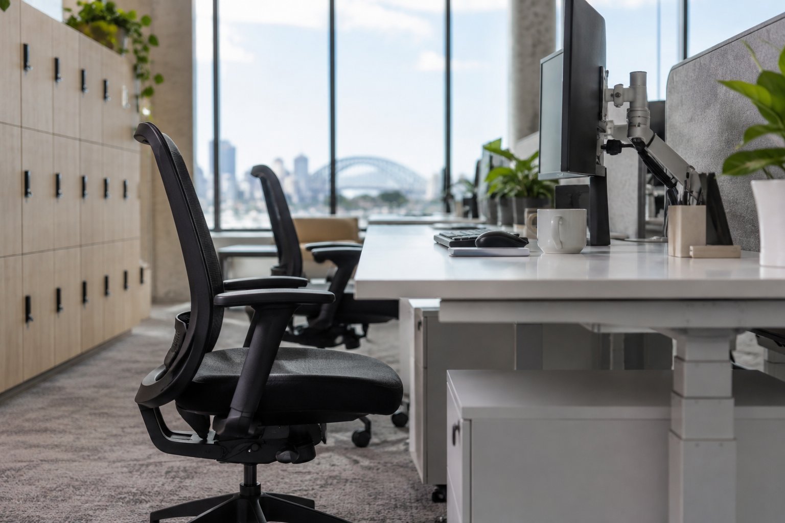 Close-up of ergonomic task chairs and adjustable sit-stand desks with storage lockers in a modern Sydney office