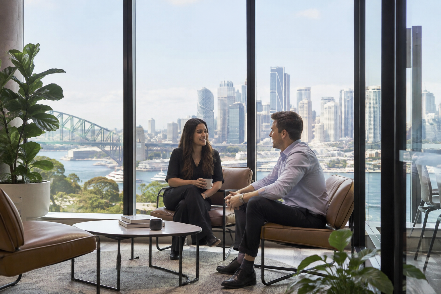 Completed modern Sydney office breakout space with natural light and greenery
