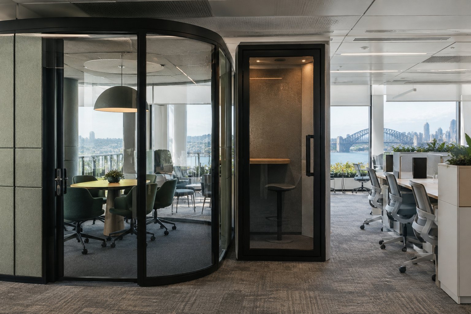 Acoustic focus pod and phone booth beside open-plan office workstations in a Sydney office