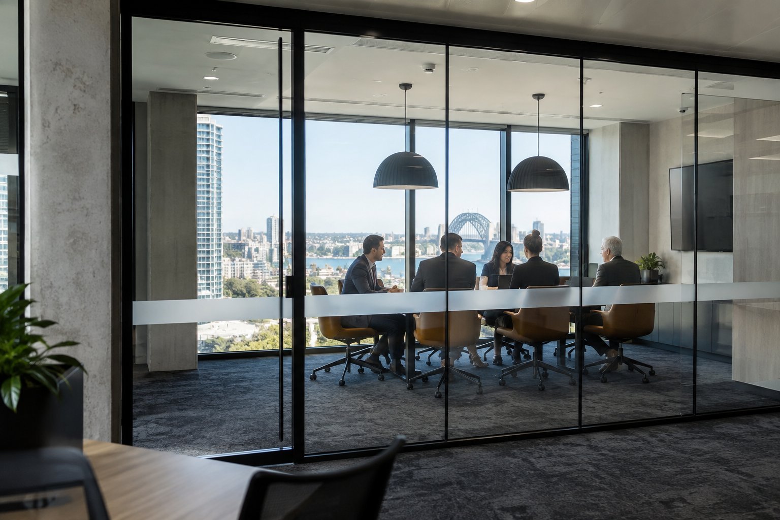 Boardroom behind double glazed office partition with manifestation band in Sydney