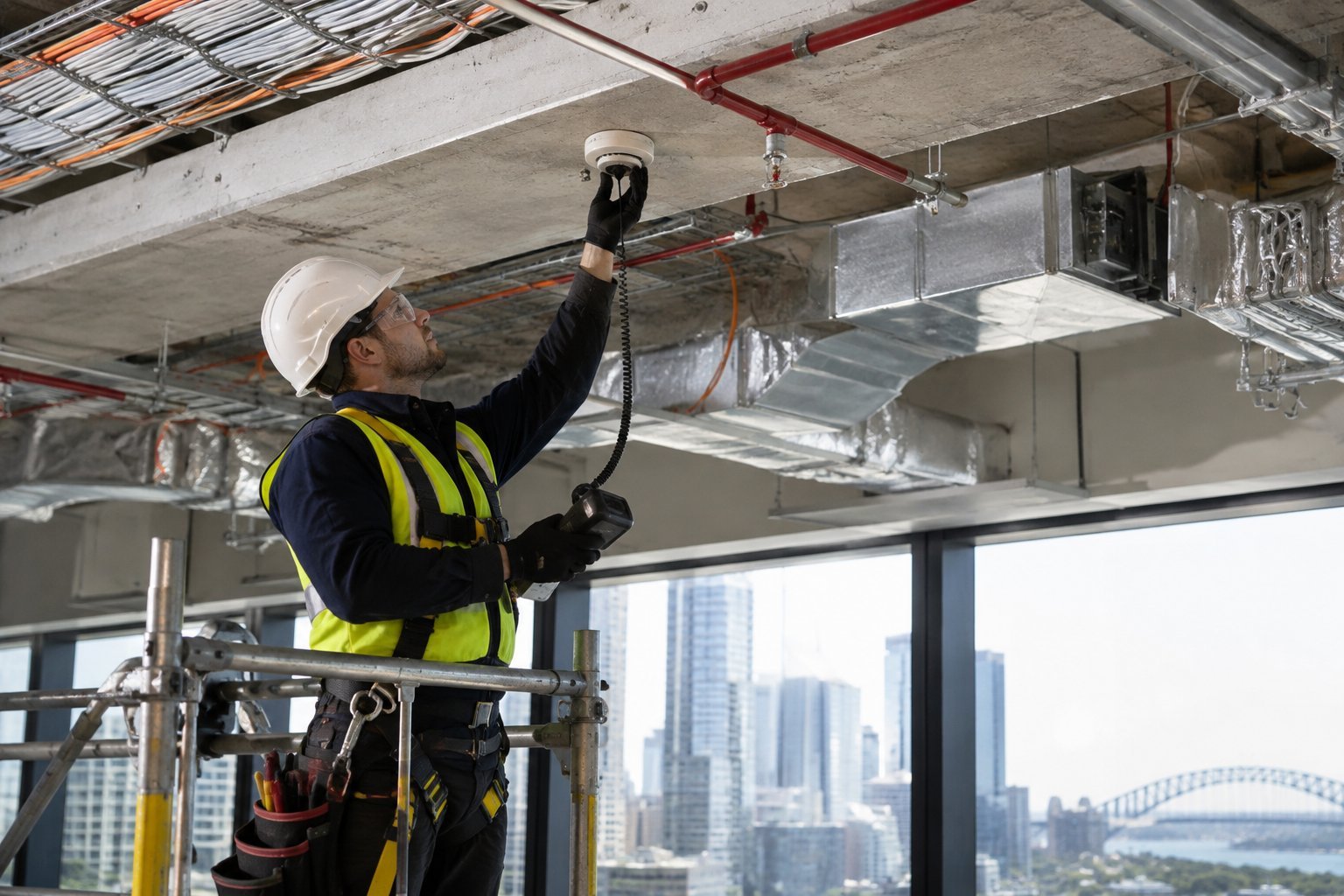 Fire safety technician recommissioning a smoke detector after an office renovation Sydney project