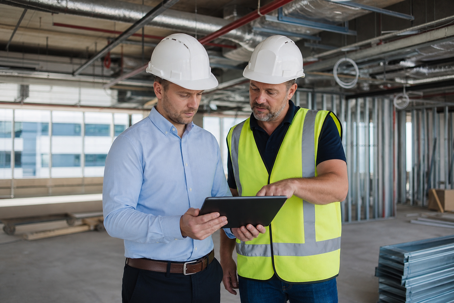 Project manager and site supervisor reviewing office fitout drawings on site